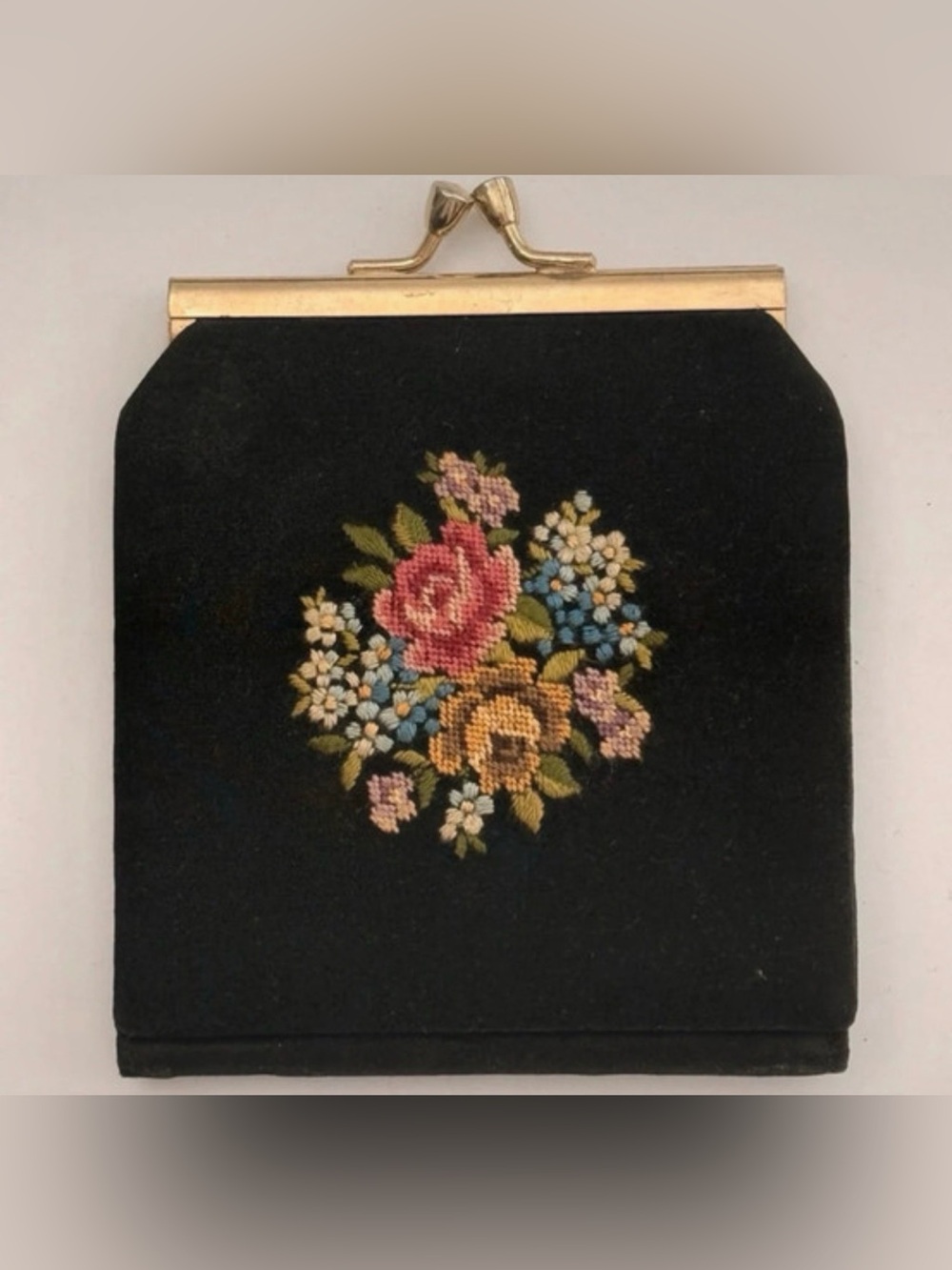 Black Floral Needlepoint Coin Purse with Gold Frame